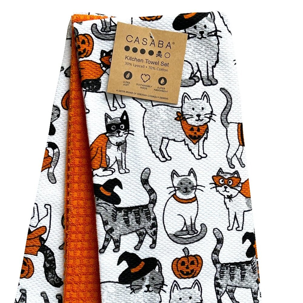 Casaba 3 Pc. Kitchen Towel Set Cats in Halloween Fall Costumes Pumpkins NWT